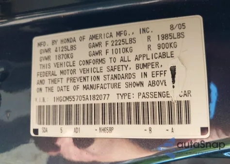 2005 Honda Accord 2.4 Ex from USA, damaged, VIN 1HGCM55705A182077